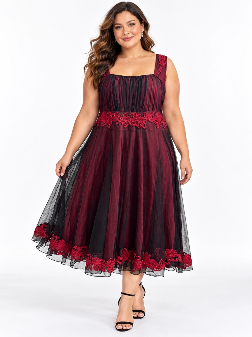 Papillon Plus-Size Red and Black Mesh Midi Dress with Floral Applique
